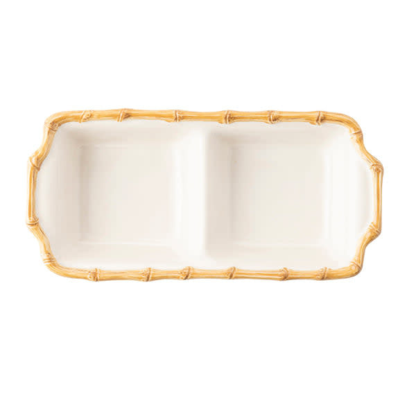 Natural bamboo-patterned ceramic double section server with rimmed motif