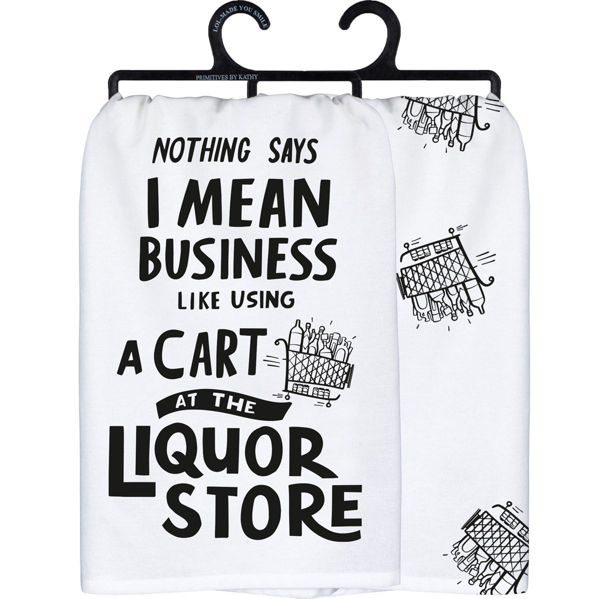 Black cotton kitchen towel with white text reading 'Remember As Far As Anyone Knows We Are A Nice & Normal Family'.