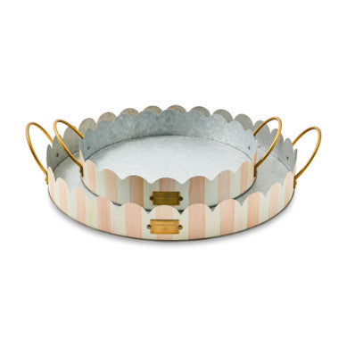Galvanized metal serving tray with brass logo plate