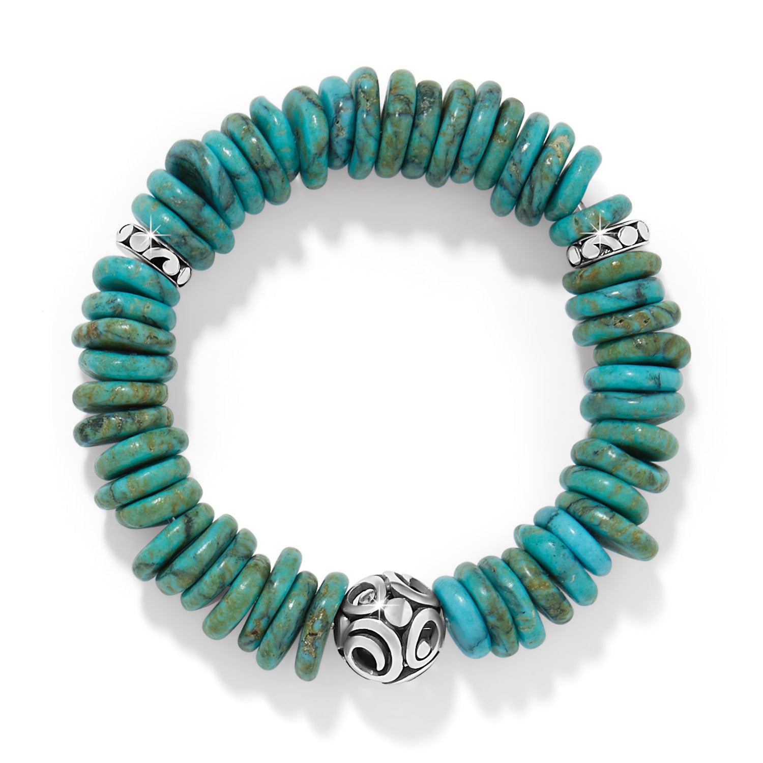 Stretch bracelet with silver-plated finish featuring blue turquoise magnesite stones in a circular silhouette.
