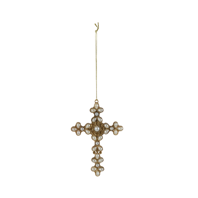 Gilded pewter cross ornament decorated with white faux pearls and a gold hanging string.