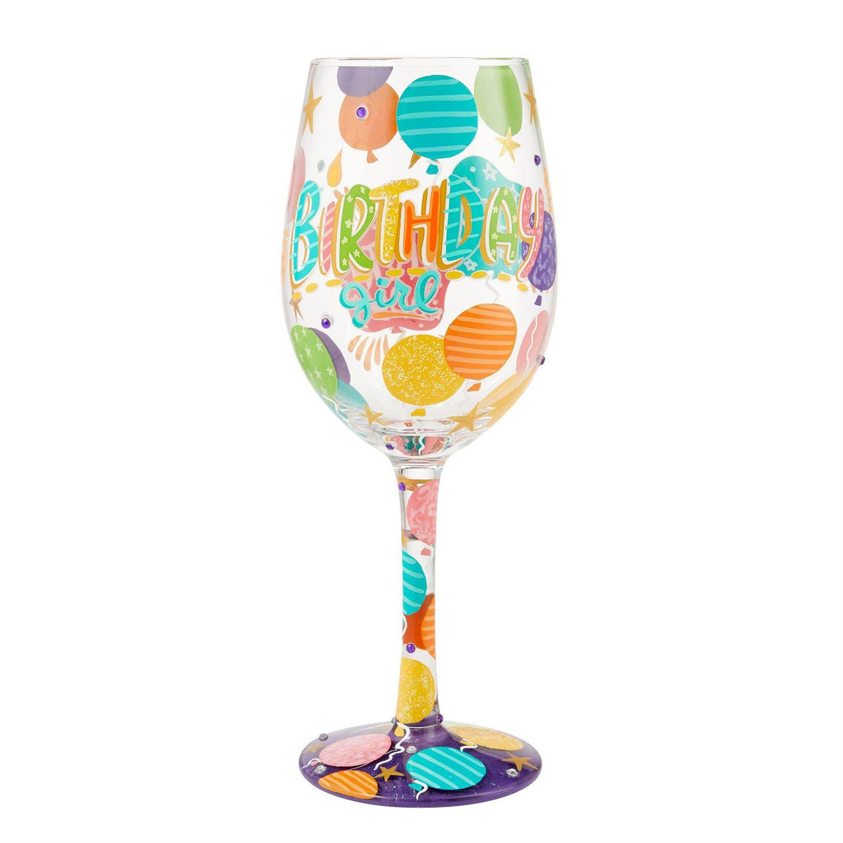 Blown glass wine glass with hand-painted colorful cocktail recipe base and glitter accents.