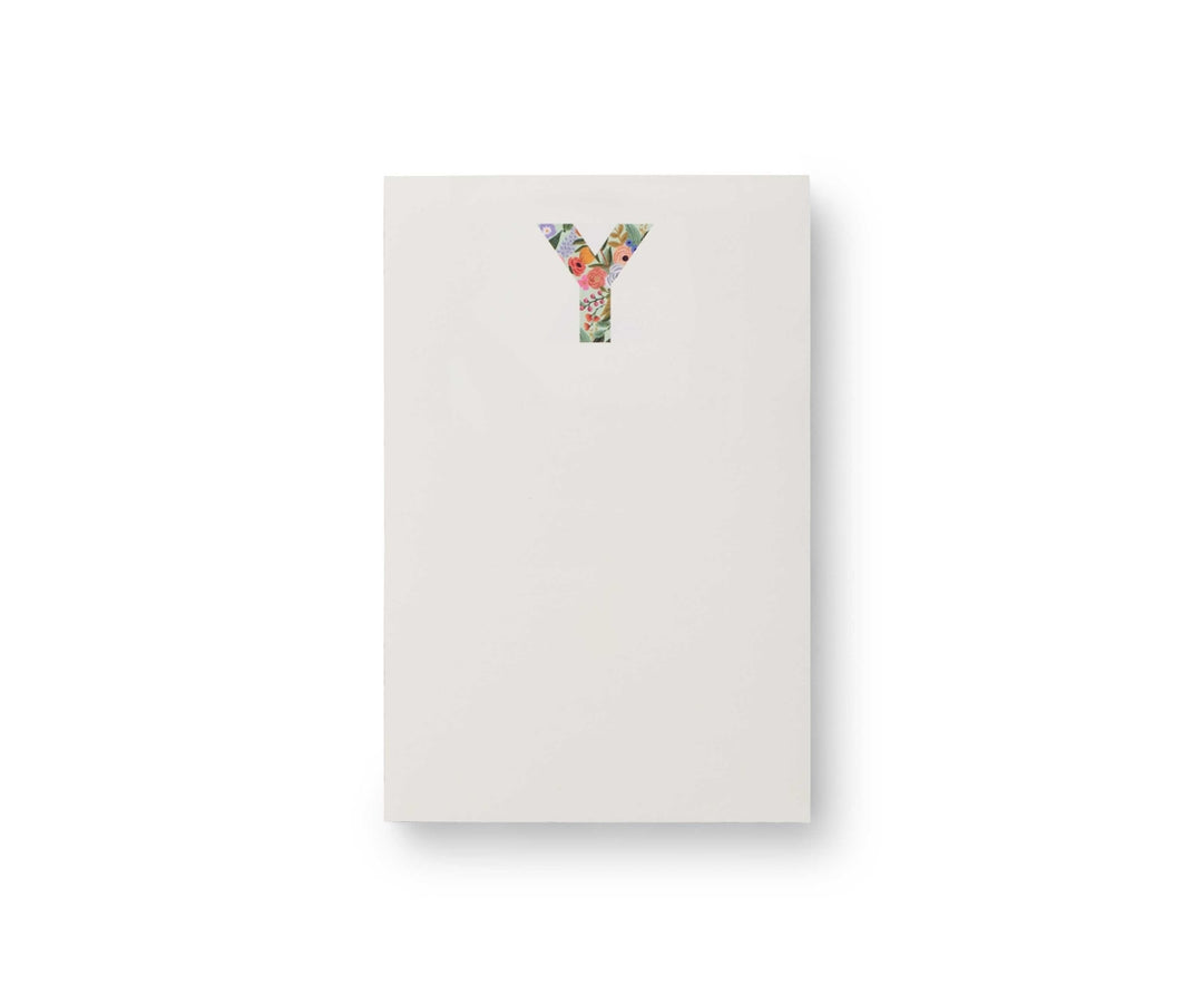 White Garden Party Monogram Notepad featuring a floral pattern letter Y at the top center.