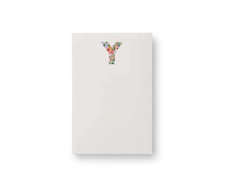 White Garden Party Monogram Notepad featuring a floral pattern letter Y at the top center.