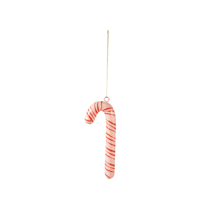 Handcrafted pink and red striped paper mache candy cane ornament with a gold hanging string.