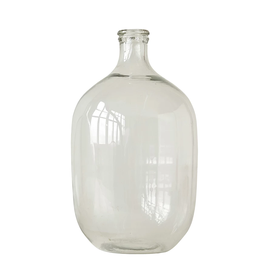 Round decorative glass bottle with a clear finish.
