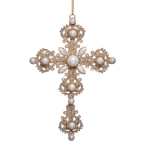 Gold champagne metal cross ornament with glitter finish and pearl accents measuring six point five inches tall.