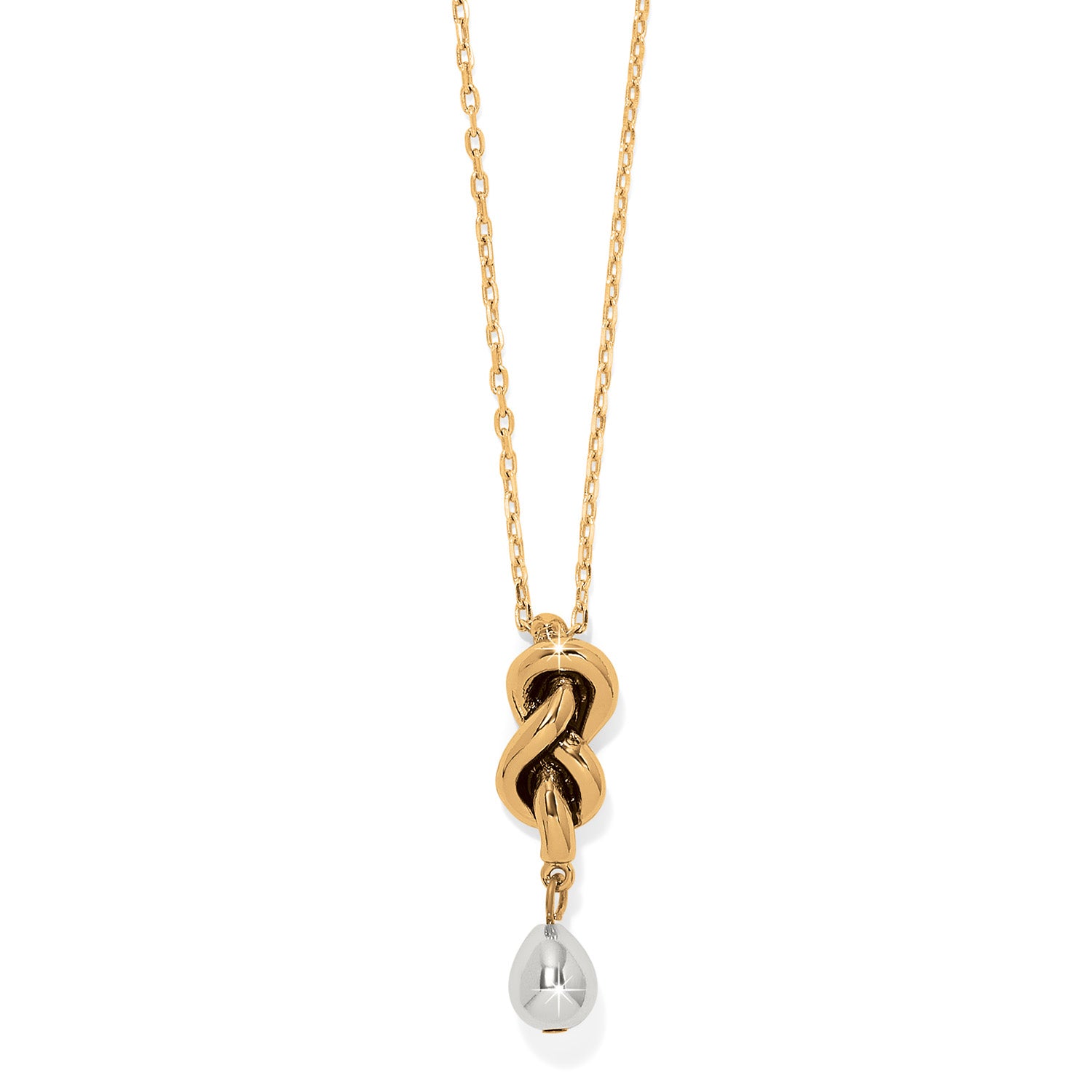 Interlok single knot drop necklace in two-tone gold and silver with an adjustable chain.