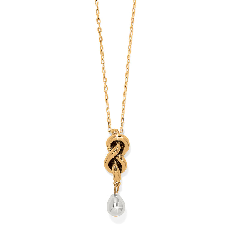 Interlok single knot drop necklace in two-tone gold and silver with an adjustable chain.