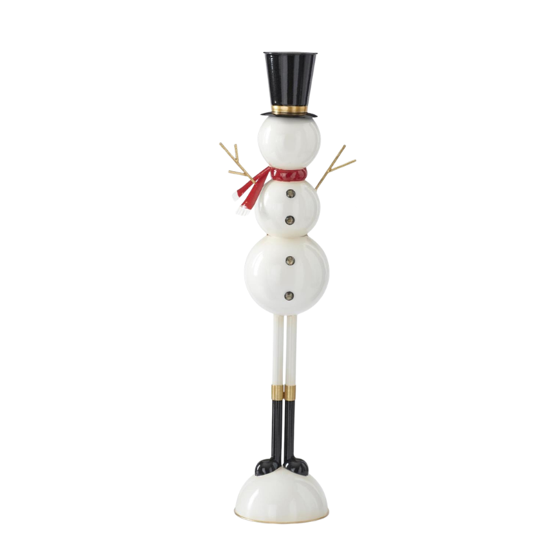 Tall metal snowman figure with a black top hat, red scarf, twig arms, and long legs on a white base.