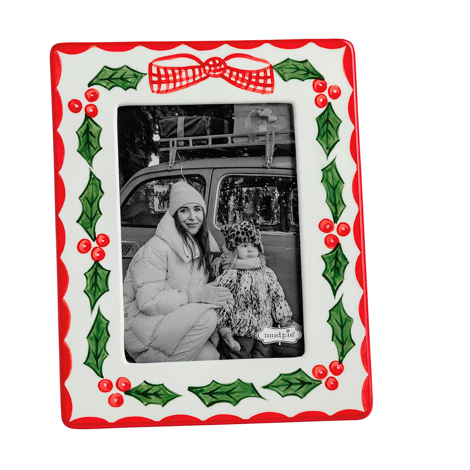 White dolomite picture frame with red scalloped edges, holly leaves, berries, and a red plaid bow.