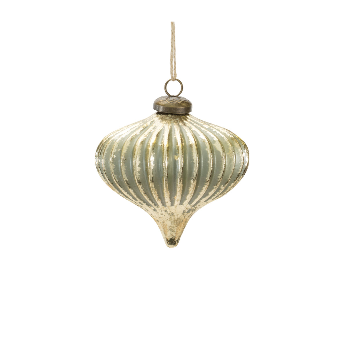 Vintage-style ribbed glass ornament in a soft sage green and gold finish with a hanging string.