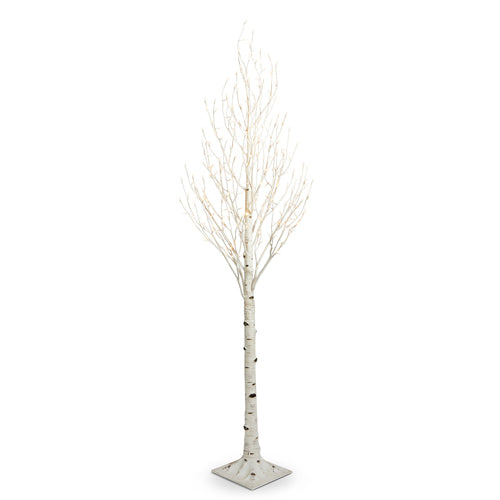 7 foot tall white lighted birch tree with 280 warm white LED lights on a square base.