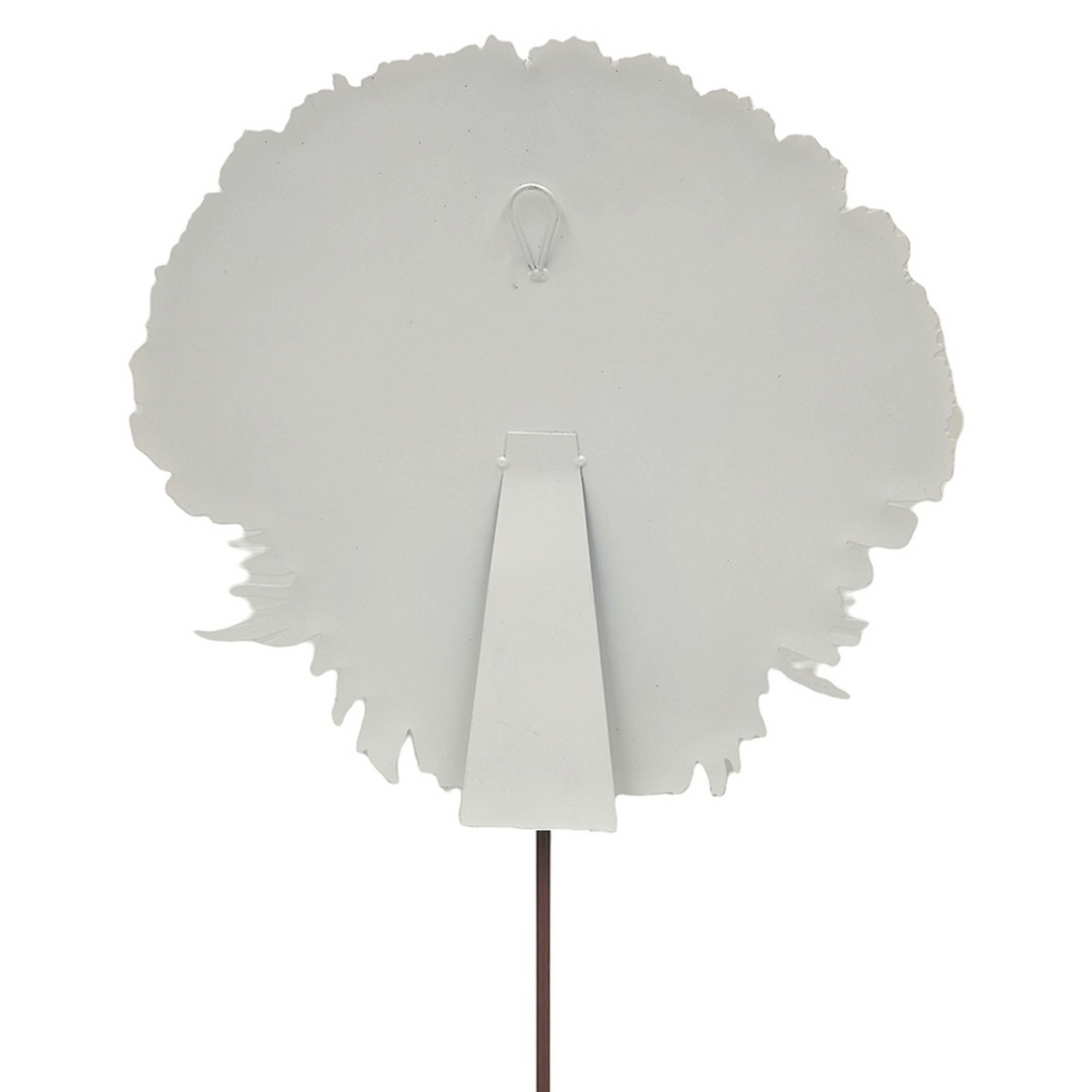 Back view of a white turkey-shaped metal decoration with a hanging loop, easel stand, and stake.