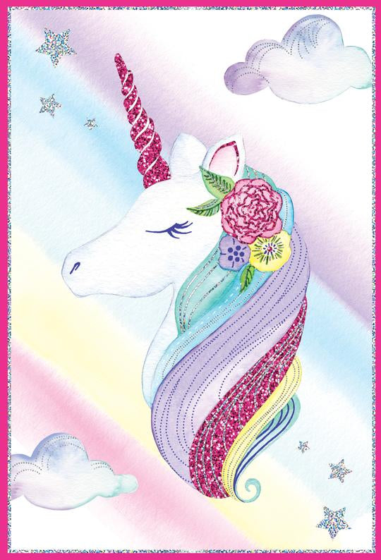 A watercolor unicorn with a pink glitter horn and rainbow mane, adorned with flowers and stars.