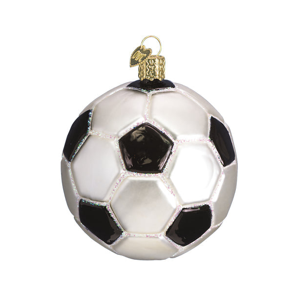 Glass soccer ball Christmas ornament with black and white panels and glitter accents.