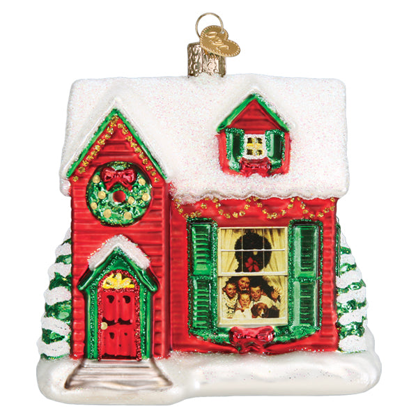 Norman Rockwell You're Home! glass house ornament with a family visible in the window.