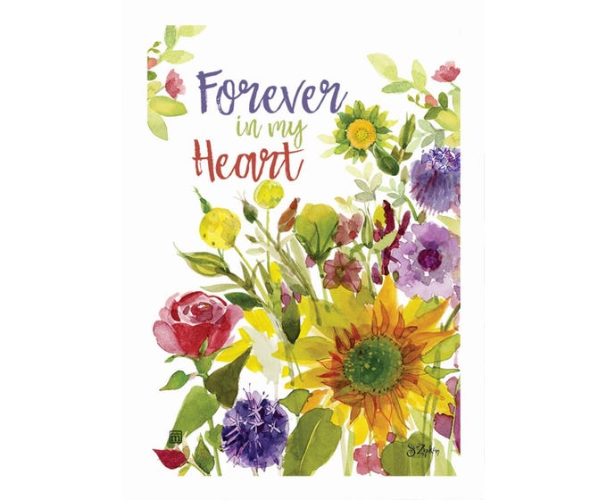 Garden flag with watercolor floral design and text "Forever in my Heart".