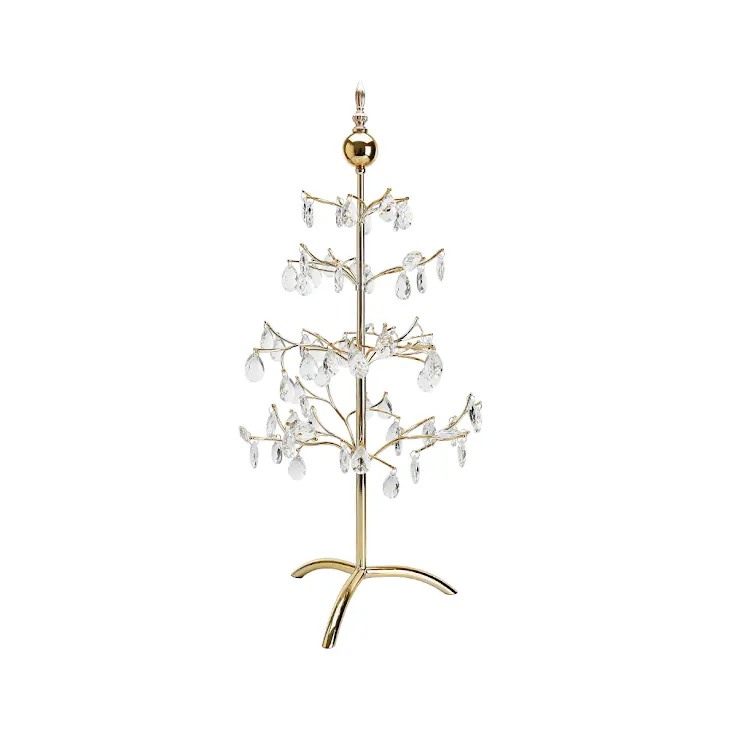 29-inch gold metal Christmas tree with four tiers of branches and hanging clear crystal teardrops.