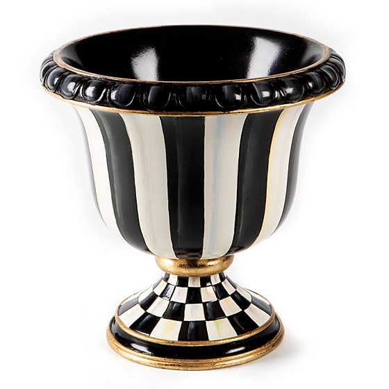 Courtly Stripe Tabletop Urn with black and white vertical stripes and a checkered pedestal base.