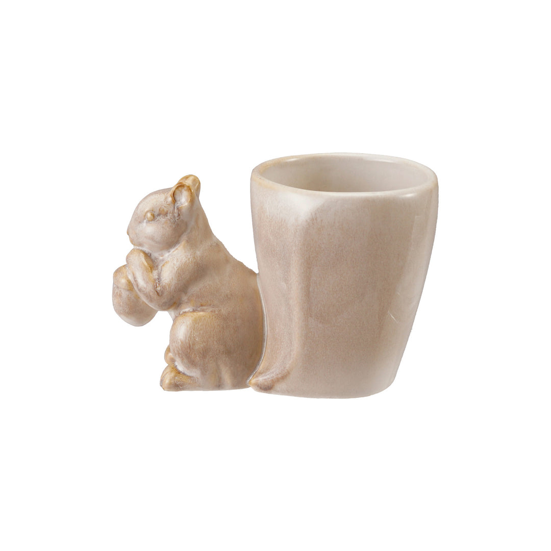 Cream reactive glaze stoneware vase featuring a sculpted squirrel holding an acorn.