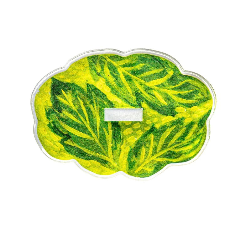 Cloud-shaped acrylic stand with a large green and yellow leaf pattern and a white rectangular slot.