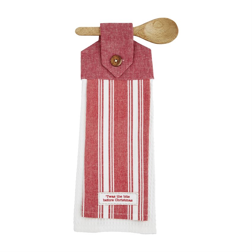 Two cotton hand towels hanging from a wooden spoon with an attached button loop.