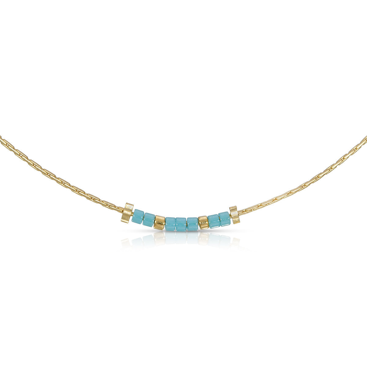 Gold chain necklace featuring blue and gold beads spelling 'Mom' in Morse code.