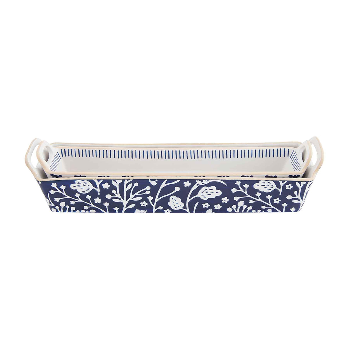 Indigo cracker dish set featuring small and large stoneware bowls with a solid indigo color.