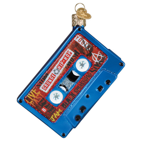 Blue glass cassette tape Christmas ornament with 90s grunge and hip-hop themed graphics.