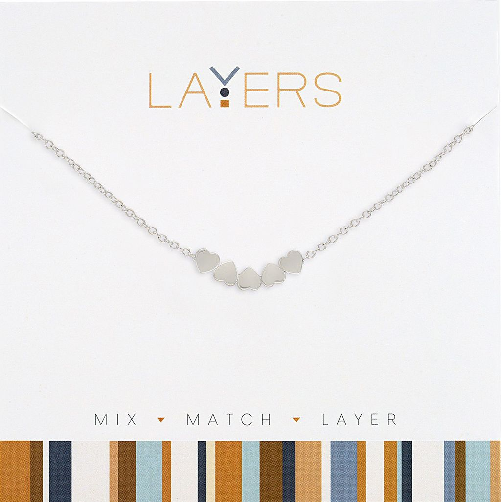 Silver necklace with five small heart charms on a delicate chain, displayed on a white card.