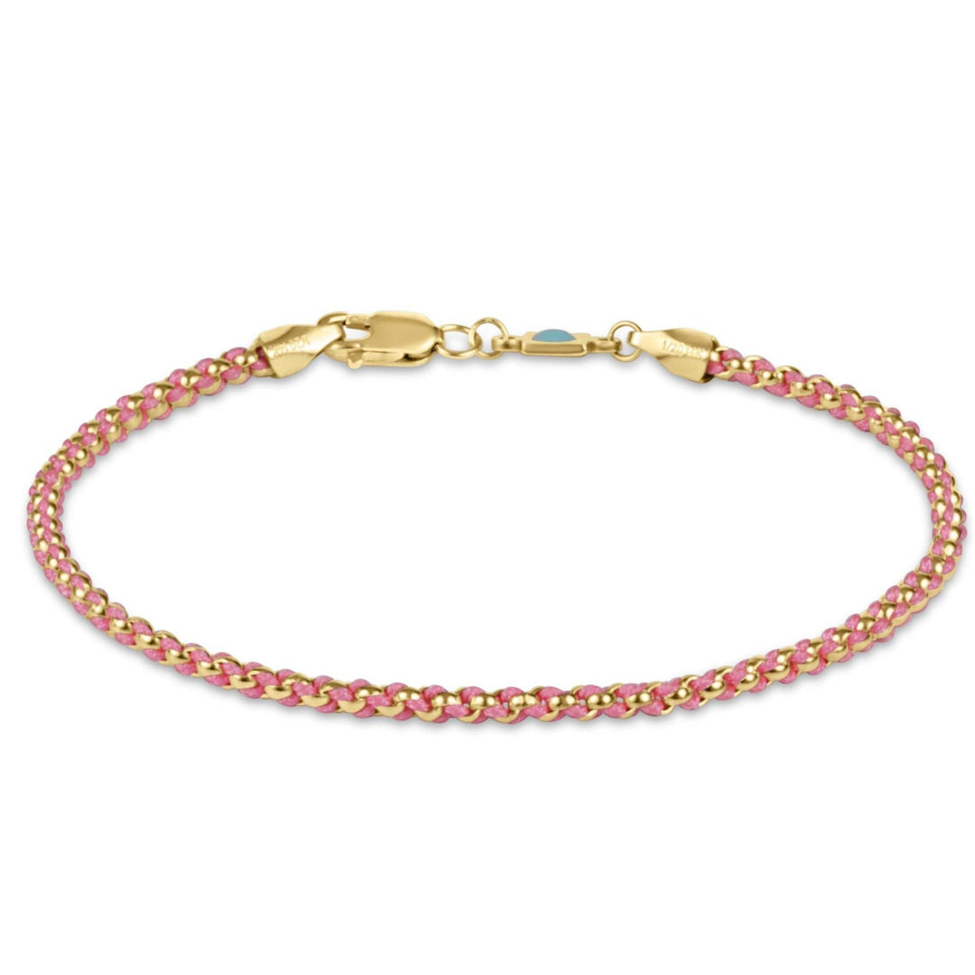 Hope Together Bracelet with pink material woven with 14kt gold-filled wire and a signature clasp.