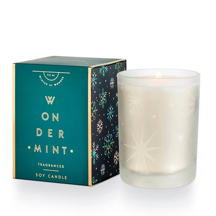 Wondermint Gifted Glass candle in a clear glass jar with white wax.