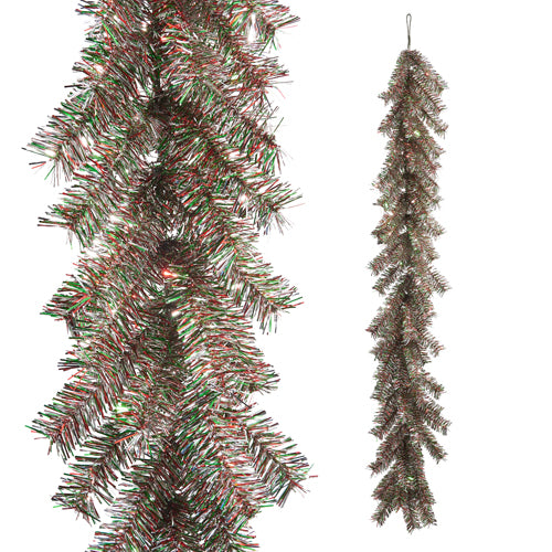 6-foot multicolor tinsel garland with silver, red, and green metallic strands.