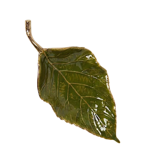 Autumn Allure Leaf Tray in green enamel with gold metallic edges and textured leaf detailing.