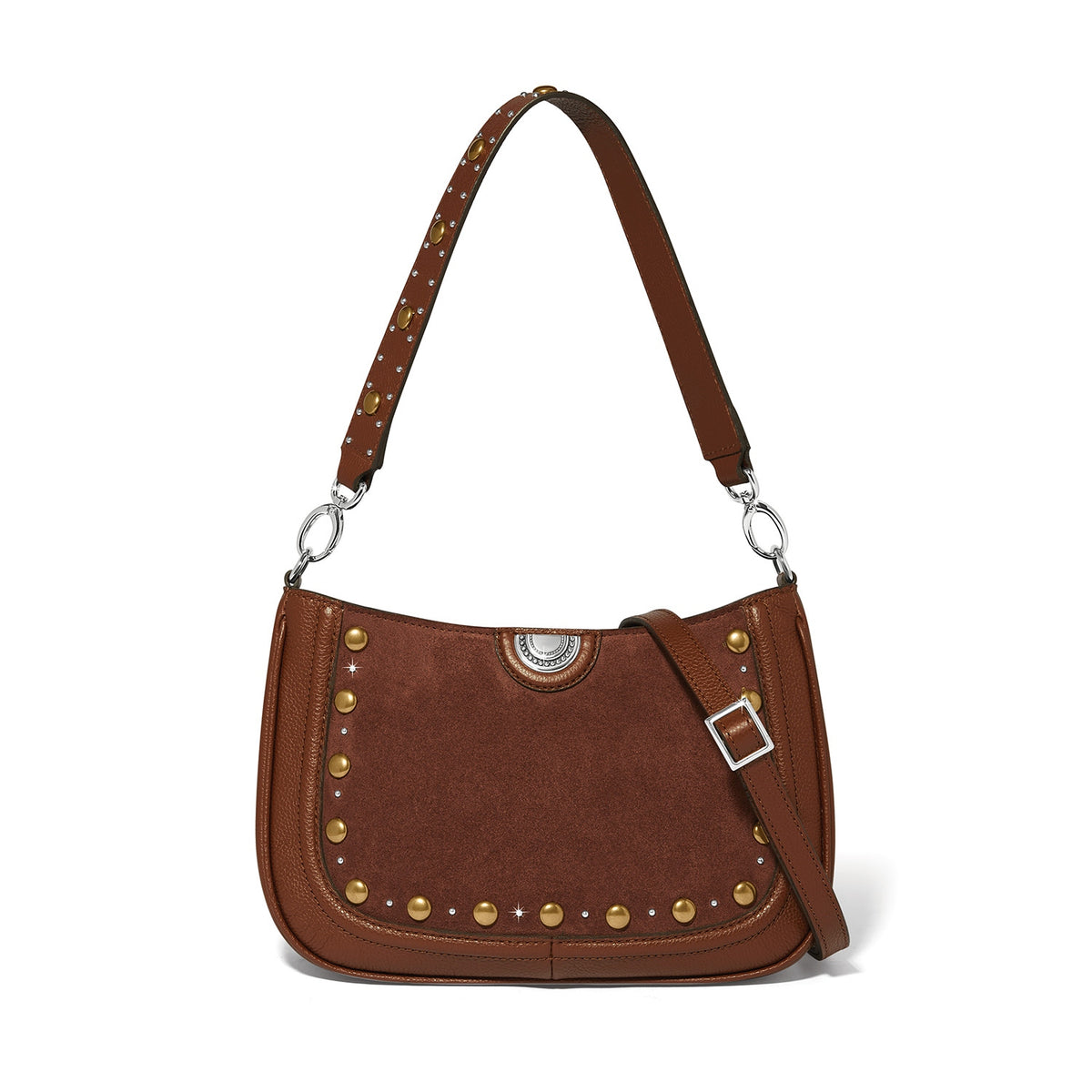 Bourbon suede convertible shoulderbag with adjustable strap, ziptop closure, and exterior pocket.