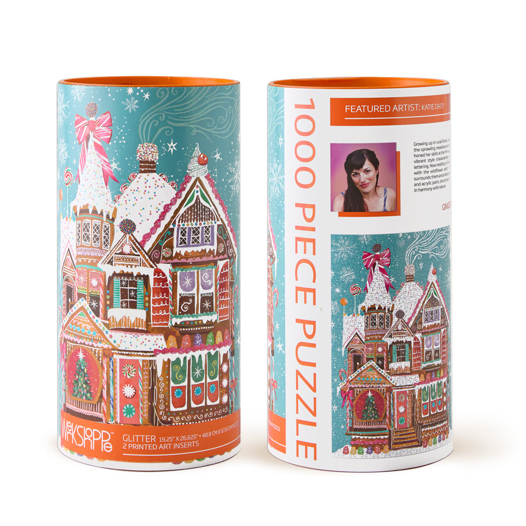 Gingerbread house puzzle box showing a festive cookie-decorated home silhouette with red roof and snowy ground.