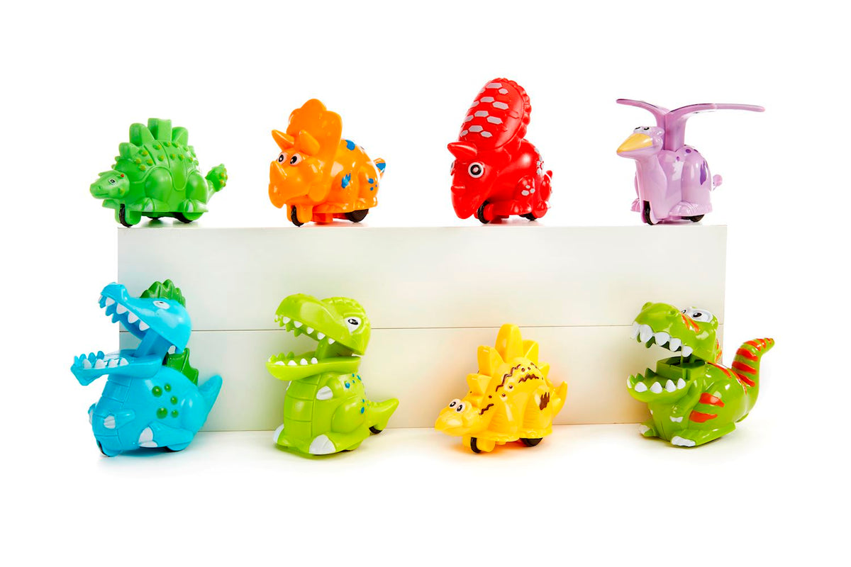 Collection of eight colorful plastic wind-up dinosaur toys on a white shelf.