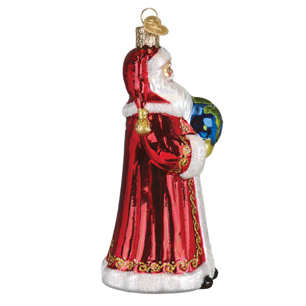 World Peace Santa ornament with a red suit holding an olive branch against a white background.