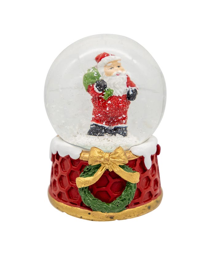 45mm resin water globe featuring a Santa Claus figure with snowman companions inside clear glass.