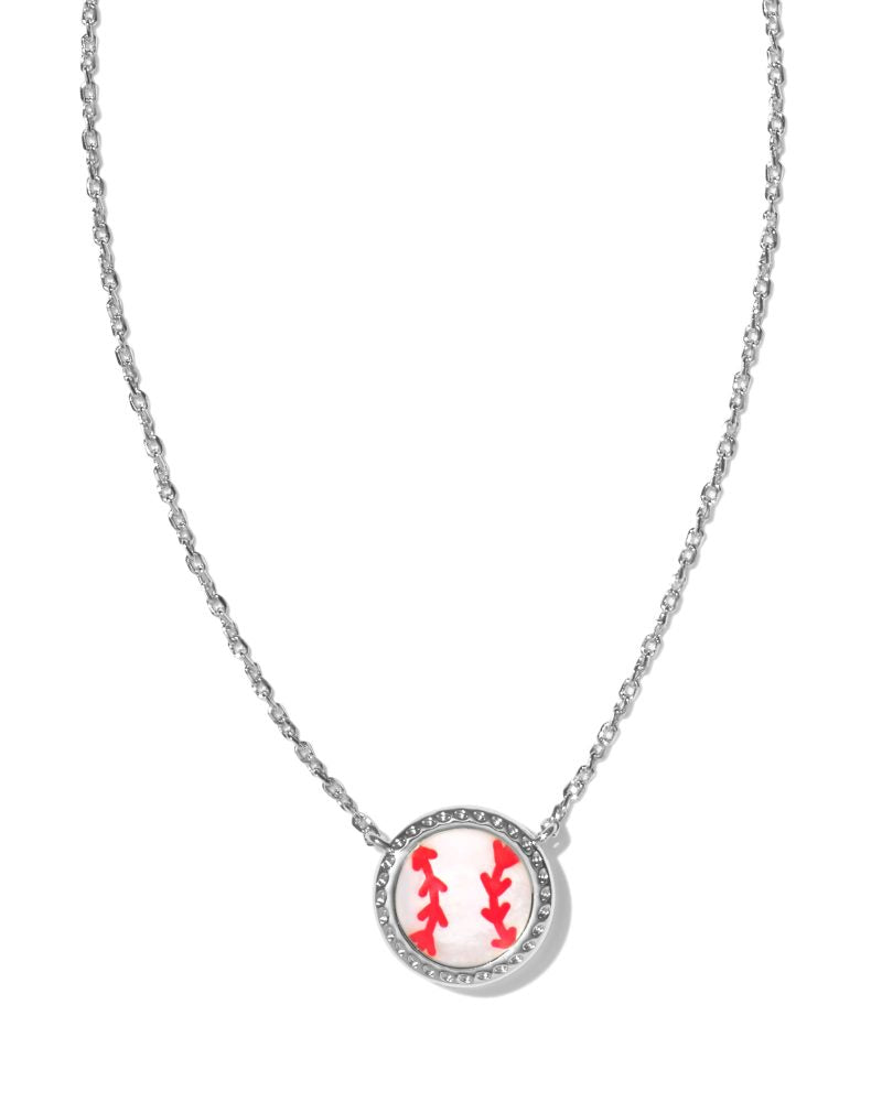 Silver chain necklace with a red enamel baseball pendant featuring white stitching detail.