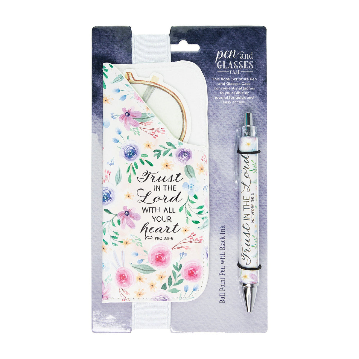 Floral pen and glasses case set with 'Trust in the Lord' scripture and matching black ink pen.