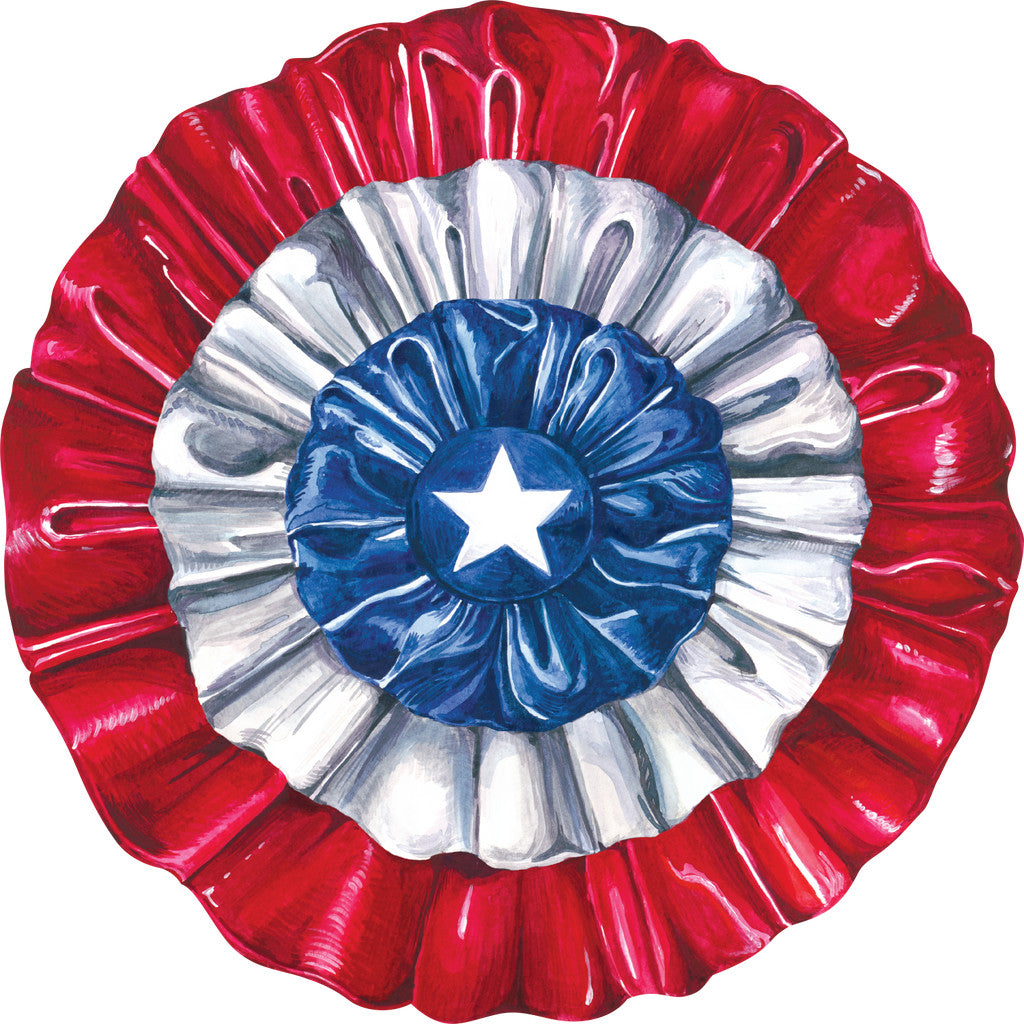 Die-cut round placemat featuring a red, white, and blue pleated rosette design with a central star.