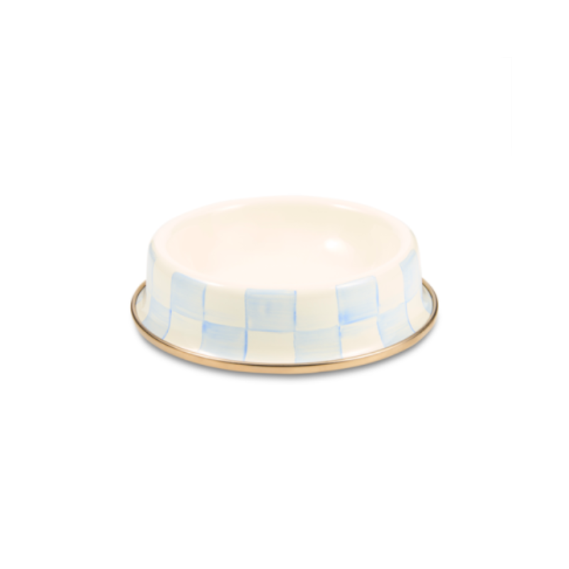 Sky Check Small Pet Dish with hand-painted blue and white checks and a bronzed stainless steel rim.