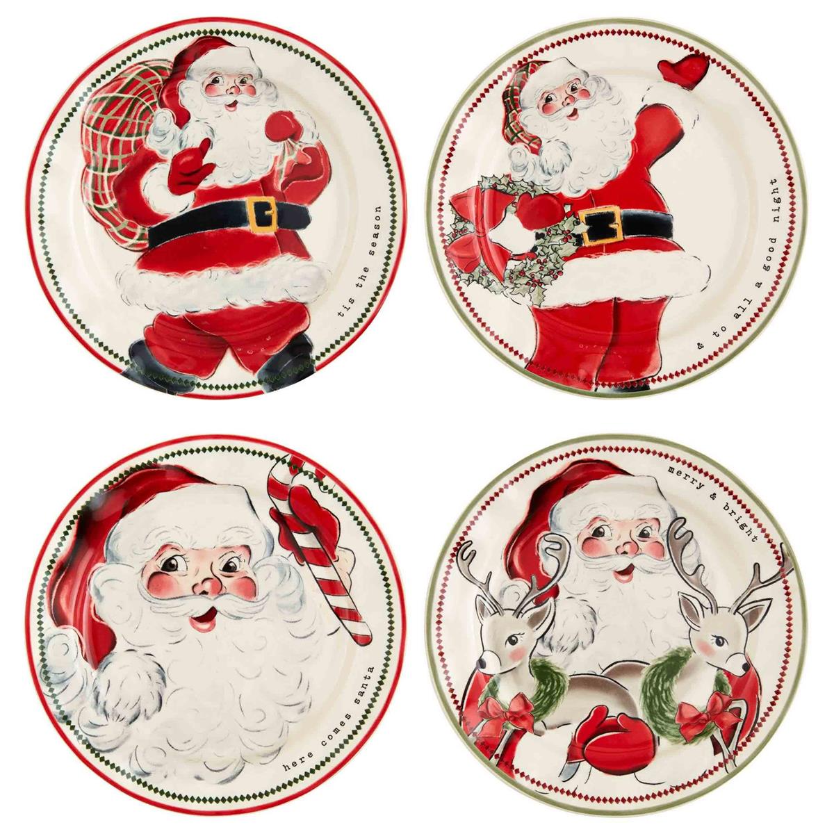 Round stoneware Vintage Santa Salad bowl with festive red and white pattern.