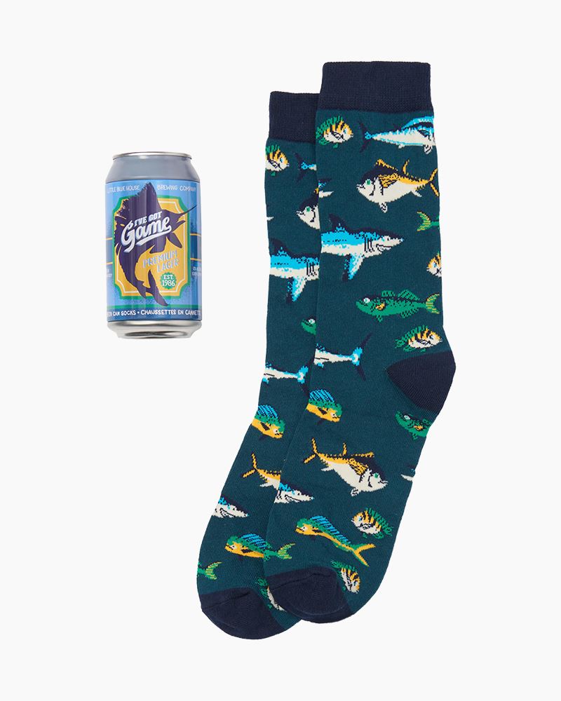 Men's crew socks in blue cotton blend with a beer can print pattern.