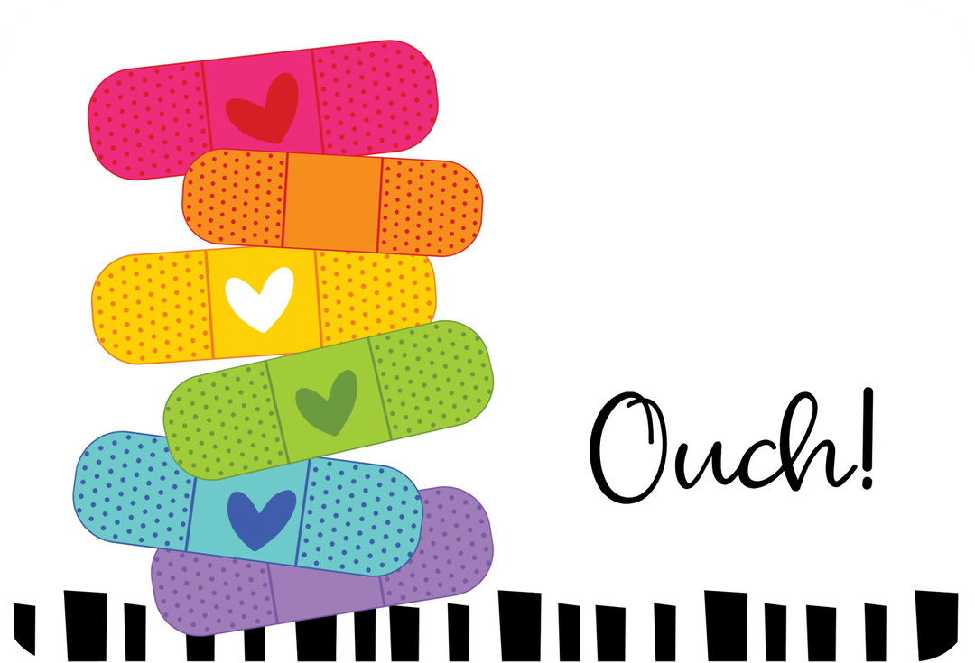 Die-cut get well card shaped like a bandage with embossed texture; outside reads Ouch and inside says Hope your boo-boo feels better soon.