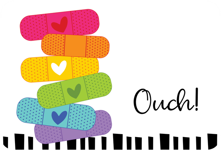Die-cut get well card shaped like a bandage with embossed texture; outside reads Ouch and inside says Hope your boo-boo feels better soon.