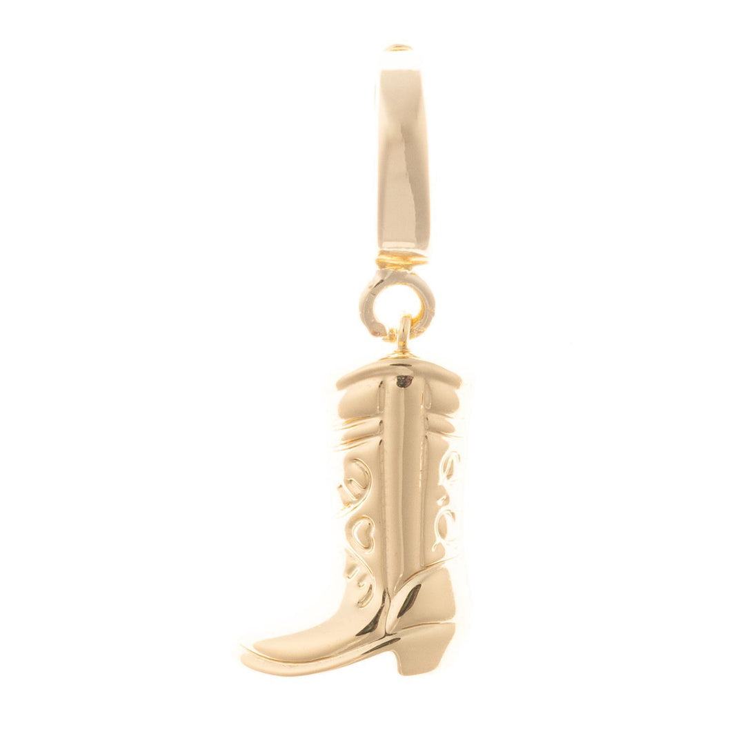18k gold plated cowboy boot charm with intricate detailing and a clasp for a necklace.