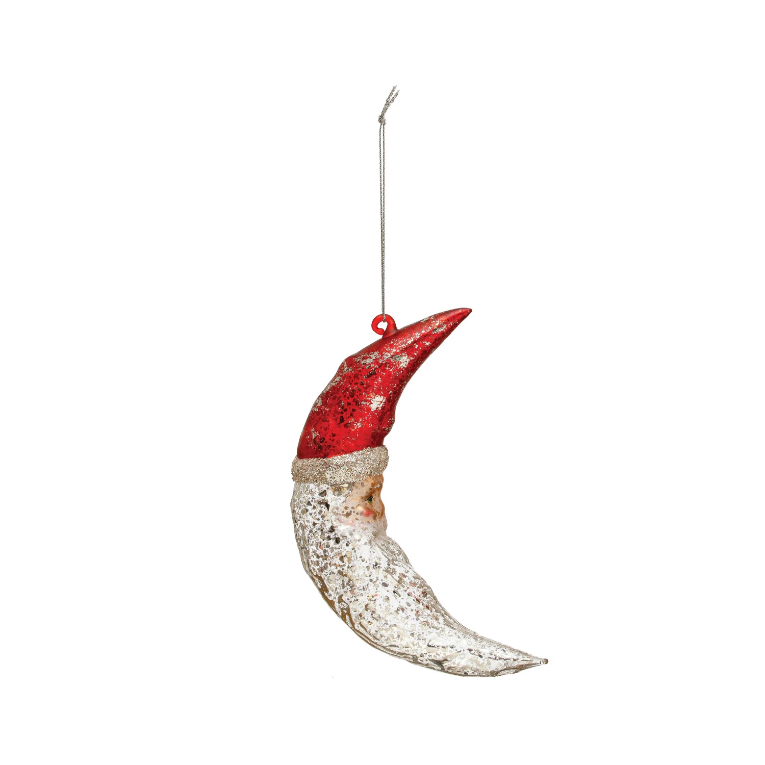 Mercury glass Santa Claus crescent moon ornament with a red hat and iridescent glitter details.
